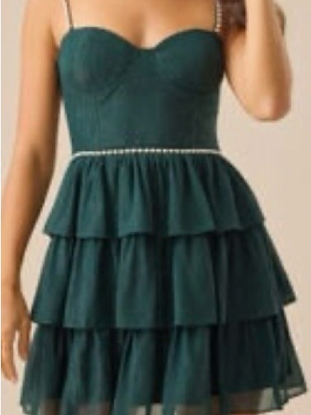 Altar'd State Emerald Green Tiered Mini Dress with Pearl Waist